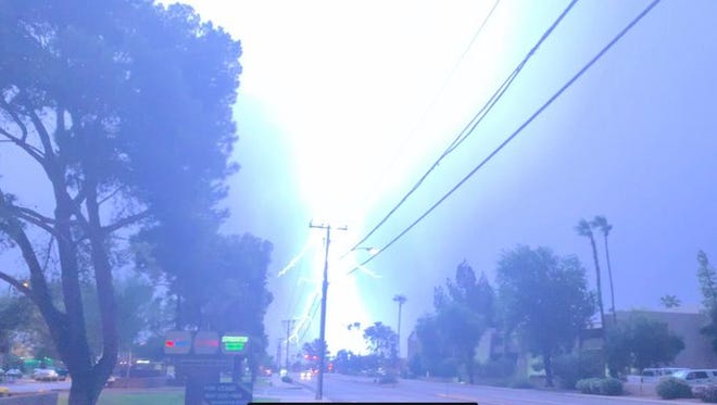 This photo of a lightning strike near Miller and Camelback roads in Scottsdale on Wednesday night, Aug. 28, 2019, was posted by A to Z Retail on Twitter.