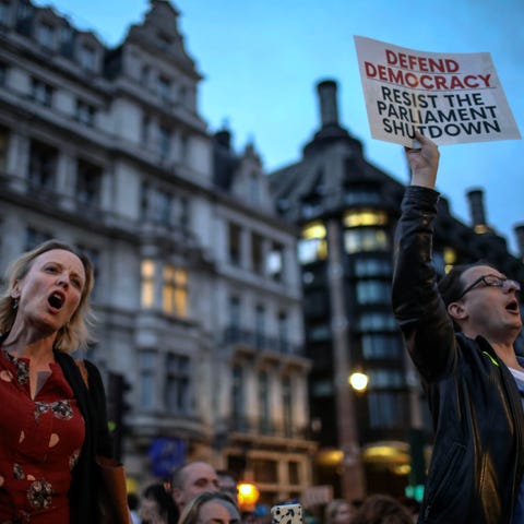 Anti-Brexit supporters take part in a protest in f