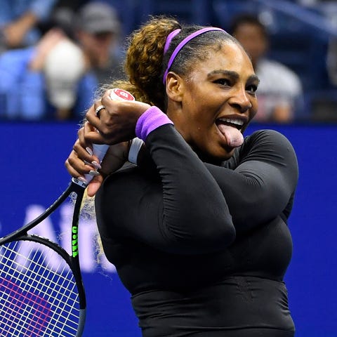 Aug. 28: Serena Williams reacts after missing a sh