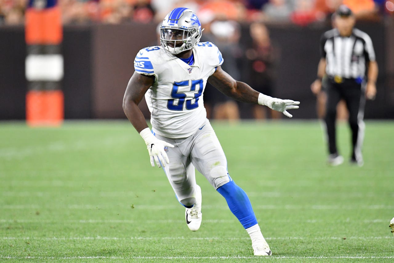 Lions linebacker Malik Carney during the second half of the Lions' 20-16 preseason loss to the Browns on Thursday, Aug. 29, 2019, in Cleveland.