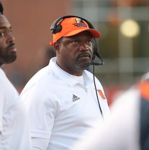 Morgan State head coach Tyrone Wheatley on the sidelines during action against Bowling Green, Aug. 29, 2019 at Doyt L. Perry Stadium in Bowling Green, Ohio.