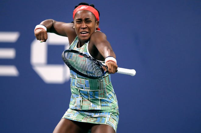 Coco Gauff celebrates after defeating Timea Babos during the second round of the U.S. Open on Thursday.
