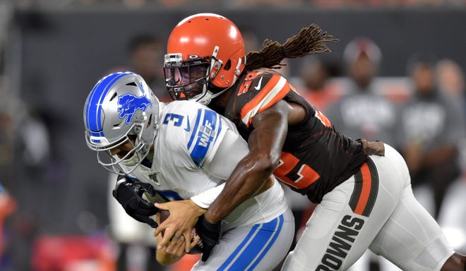 Browns linebacker Ray-Ray Armstrong (52) sacks Lions quarterback Tom Savage (3) during the first half of Thursday's preseason finale.