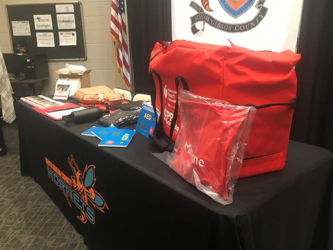 The new equipment for hands-on CPR education sits on a table for display before some of the students entered the library at South Gibson to see it on Wednesday, Aug. 28, 2019.
