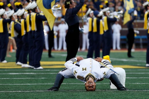 Michigan drum major Kelly Bertoni before the first half against Middle Tennessee State at Michigan Stadium, Saturday, August 31, 2019.