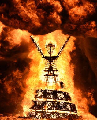 The man burns in the Black Rock City on near Gerlach, Nev. on August 31, 2019.