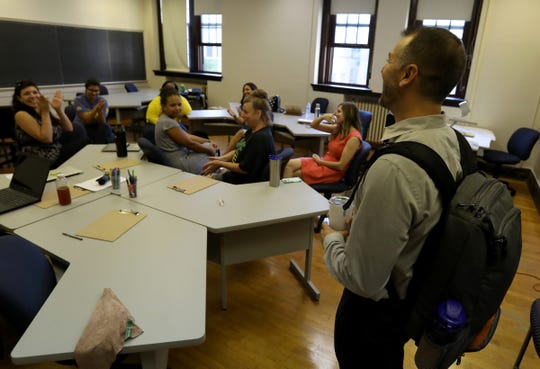 Nir Saar, the principal of Marygrove Schools speaks on Thursday, August 29, 2019 with some of the teachers as they have a meeting in one of the classrooms that will be used for ninth grade students. The building, home to the former Marygrove College, will see new tenants, ninth graders at the new The School at Marygrove when classes start on Tuesday, September 3, 2019. 
.