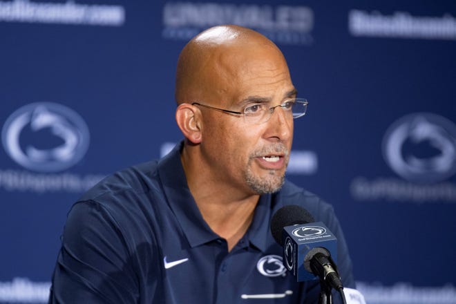 Penn State head coach James Franklin talks with reporters following an NCAA college football game against Idaho in State College, Pa., on Saturday, Aug. 31, 2019. (AP Photo/Barry Reeger)