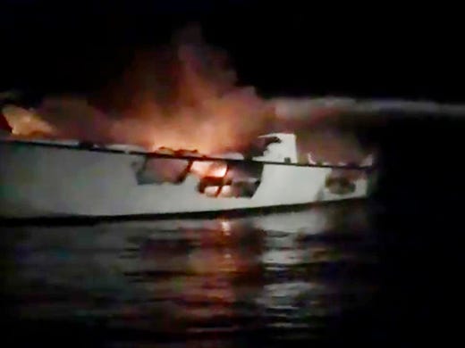 Dive boat "Conception," burns before it sank off Santa Cruz Island, near the coast of Ventura County, California early Sept. 2, 2019. 