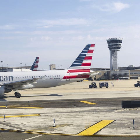 An American Airlines plane is seen on the tarmac a