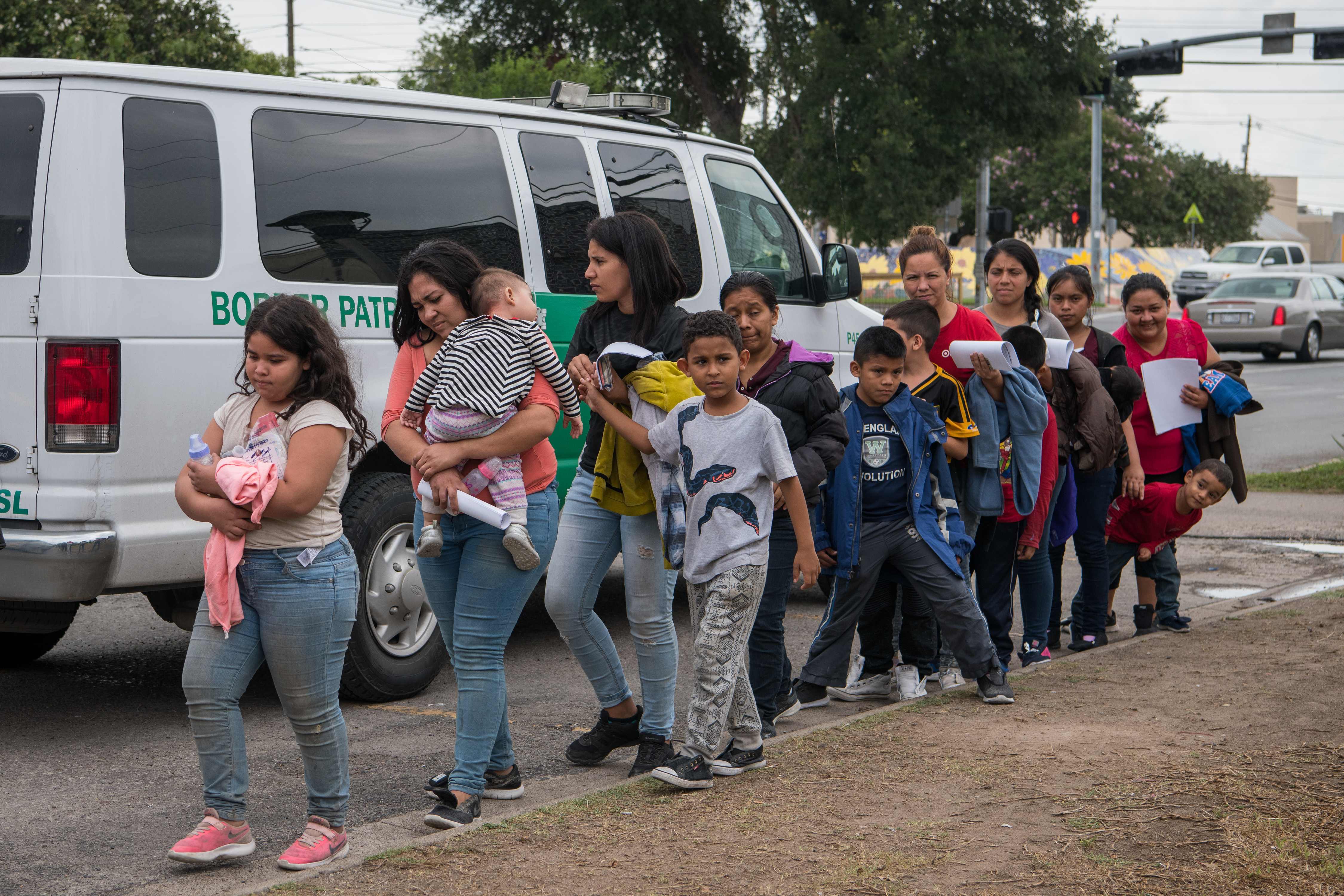 MCALLEN, Texas – Central American migrant families arrive at a Catholic Charities respite center after being released from federal detention  on June 12, 2019.