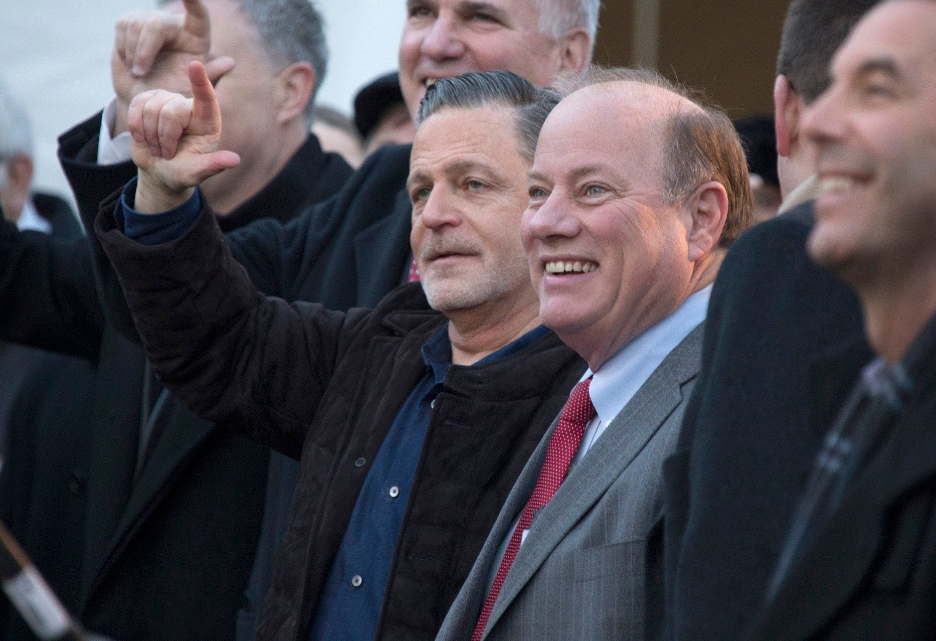 Gilbert, left, and Detroit Mayor Mike Duggan at the December 2017 ground-breaking for the skyscraper that will be built on the site of the former Hudson's.