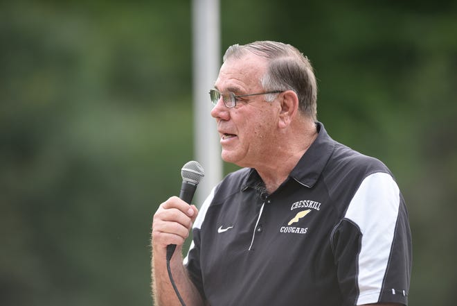 Rich Miller, a long-time Cresskill XC and track coach, speaks during a ceremony naming the track at Cresskill High School in his honor on Thursday, September 5, 2019.