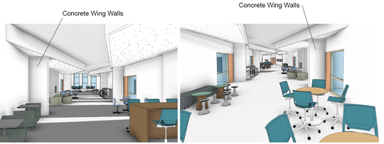 Illustrations of concrete wing walls in the new Fruitport High School building. The walls are designed to allow for students to take cover and to cut down the line of sight of an active shooter.