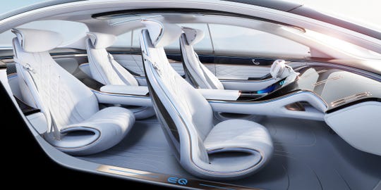The interior of the EQ, a concept for an electric luxury sedan Mercedes will reveal at the 2019 Frankfurt auto show.