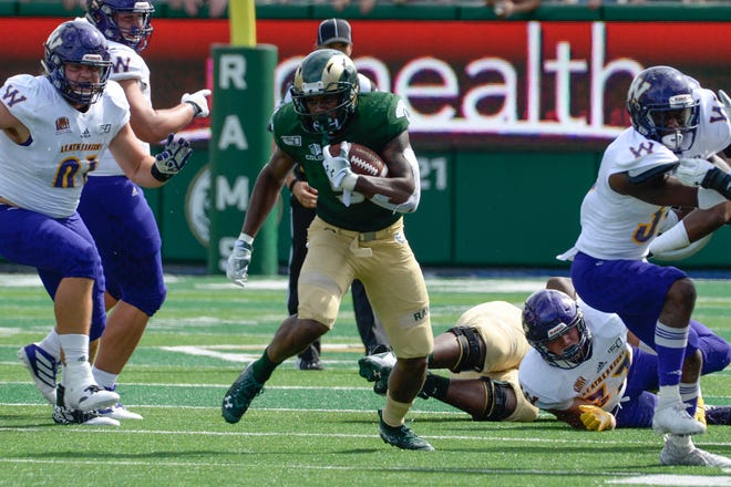 Sep 7, 2019; Fort Collins, CO, USA;  Colorado State Rams running back Marvin Kinsey Jr. (5) runs for a big gain against the Western Illinois Leathernecks  at Sonny Lubrick Field at Canvas Stadium. Mandatory Credit: Michael Madrid-USA TODAY Sports