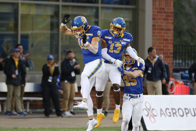 South Dakota State’s Jaxon Janke (10) celebrates with DyShawn Gales after returning a punt for a touchdown during the second quarter of the Jackrabbits’ matchup against the Sharks Saturday afternoon in Brookings. Jason Salzman/For the Argus Leader