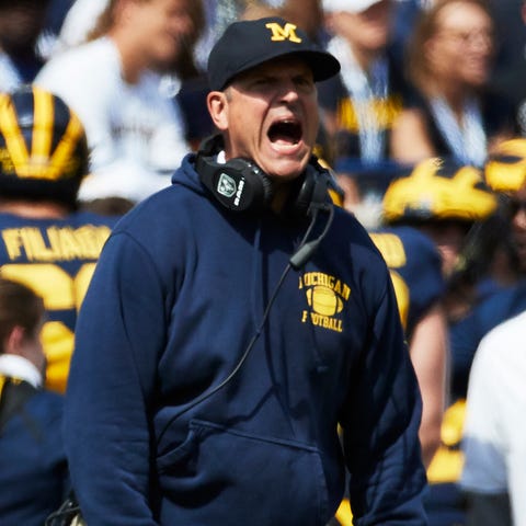 Michigan head coach Jim Harbaugh reacts to a call 