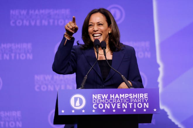 Democratic presidential candidate Sen. Kamala Harris, D-Calif., speaks during the New Hampshire state Democratic Party convention, Saturday, Sept. 7, 2019, in Manchester, N.H.