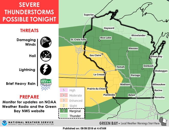 Severe thunderstorms are possible across portions of western and central Wisconsin on Monday.