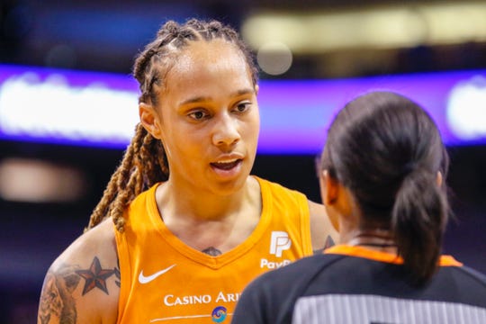 Phoenix Mercury center Brittney Griner talks with a referee after a no-call against the Las Vegas Aces on Sep. 8, 2019 in Phoenix, Ariz.