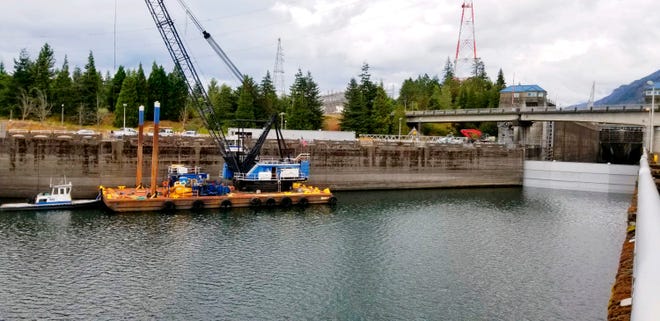This Sunday, Sept. 8, 2019 photo shows a boat lock on the Bonneville Dam on the Columbia River that connects Oregon and Washington at Cascade Locks.