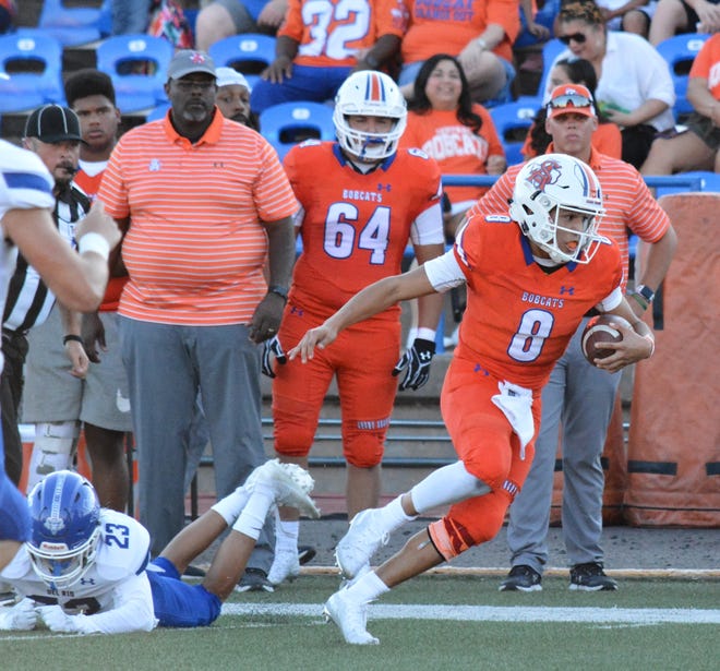 San Angelo Central's Malachi Brown races upfield after escaping a tackle against Del Rio Friday, Sept. 6, 2019, at San Angelo Stadium.