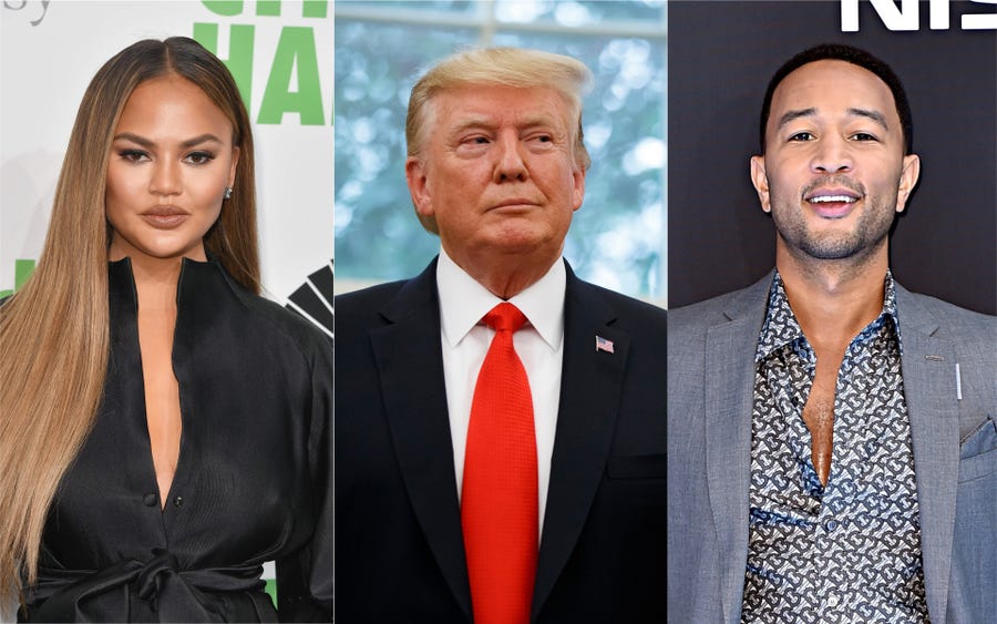 (L to R): TV personality Chrissy Teigen, President Donald Trump, singer John Legend