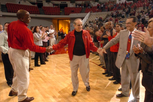 Louisiana Lafayette's president Dr. Ray Authement received an award from the athletic department Thursday Jan. 31, 2008 during the Ul Middle Tennessee basketball game at the Cajundome in Lafayette, La.