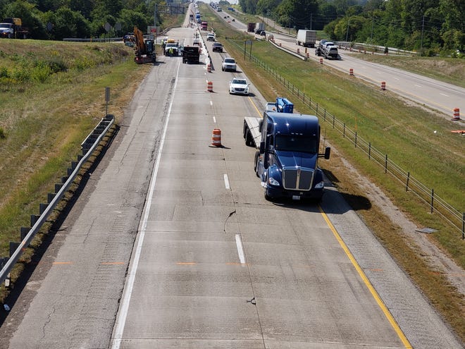 I-70 traffic near the Centerville exit travels in one lane as construction occupies the other lane on Tuesday, Sept. 10, 2019.