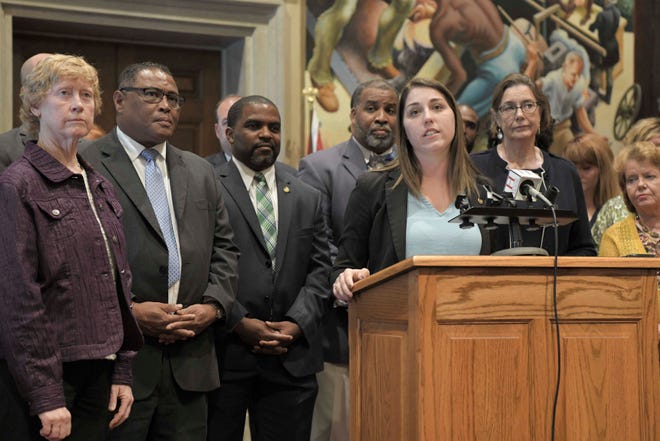 Minority Floor Leader Crystal Quade, (D) Springfield, addresses the media at a press conference concerning legislation filed for this week's special session Tuesday in Jefferson City.