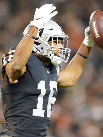 Oakland Raiders wide receiver Tyrell Williams celebrates after making a catch against the Denver Broncos during the second quarter.