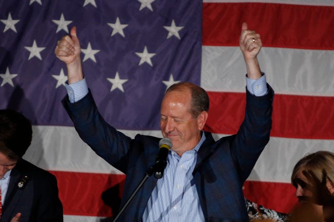 North Carolina 9th district Republican congressional candidate Dan Bishop celebrates his victory in Monroe, N.C., Tuesday, Sept. 10, 2019.