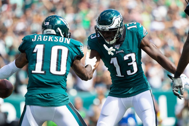Sep 8, 2019; Philadelphia, PA, USA; Philadelphia Eagles wide receiver DeSean Jackson (10) celebrates with wide receiver Nelson Agholor (13) after a touchdown reception during the third quarter against the Washington Redskins at Lincoln Financial Field. Mandatory Credit: Bill Streicher-USA TODAY Sports