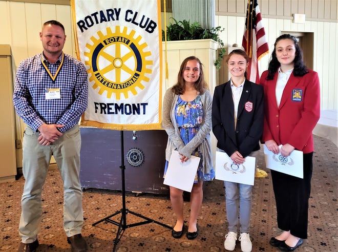 Left to right are Roger Kuns, Fremont Rotary Club President; Kayla Glotzbecker, Fremont Ross High School; Mattie Spicer, St. Joseph Central Catholic High School; and Nicole Holland, Vanguard Career and Tech Center.