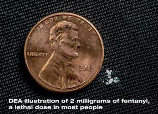 The U.S. Drug Enforcement Administration issued this illustration of the amount of fentanyl that can cause an overdose.