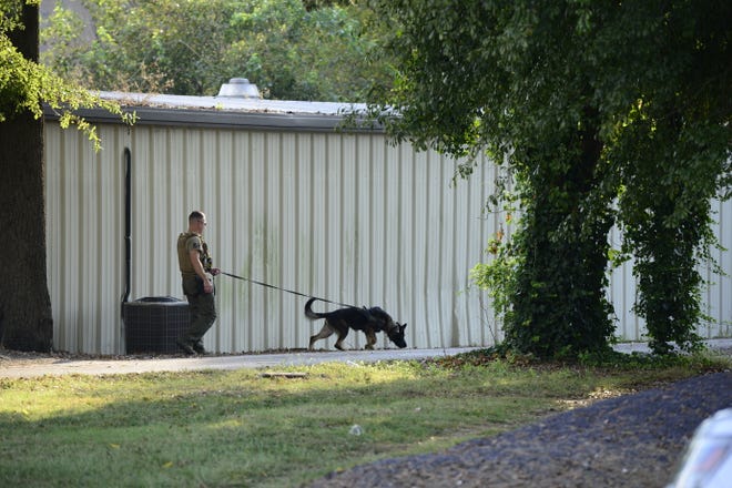 A Jackson Police Department K-9 unit searches for a reported gun behind the Standing on God's Word Ministry on Airways Boulevard in Jackson, Tenn. on Sept. 12, 2019.