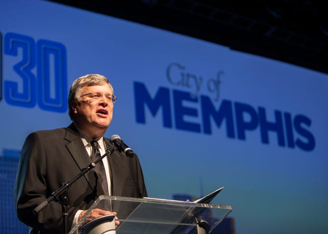 Memphis Mayor Jim Strickland speaks at the Southern Heritage Classic Gala at Graceland Soundstage in Memphis, Tenn., on Wednesday, Sept. 11, 2019.