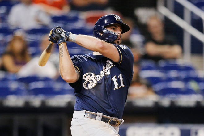 Mike Moustakas  hits a go-ahead two-run home run in the ninth inning Wednesday night in Miami.