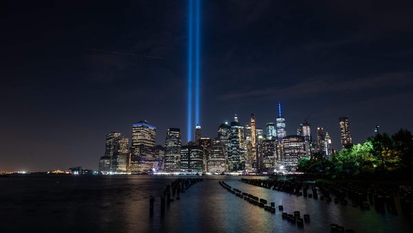 The Tribute in Light shines into the sky over Manh