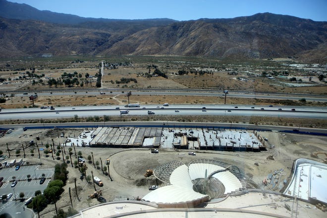 A new valet parking structure, center, is currently under construction as seen here from the 27th floor of the Morongo Casino in Cabazon, Calif., on Thursday, September 12, 2019. 