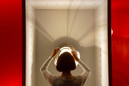 A woman uses an interactive light model during the press preview in one of the exhibition halls of the new Bauhaus Museum in Dessau, Germany, Sept. 7, 2019. The collection of the Bauhaus Dessau Foundation comprises around 49,000 catalogued exhibits and is the second-largest collection worldwide on the theme of the Bauhaus.