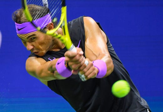 Rafael Nadal of Spain hits to Matteo Berrettini of Italy in a semifinal match of the 2019 U.S. Open tennis tournament at USTA Billie Jean King National Tennis Center in New York City on Sept. 6, 2019.