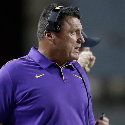 Head coach Ed Orgeron of the LSU Tigers watches fr