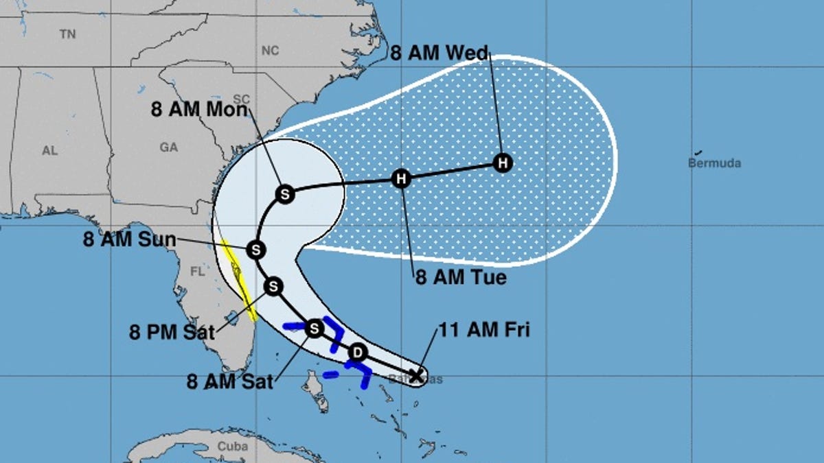 The forecast track of what's predicted to become Tropical Storm Humberto.