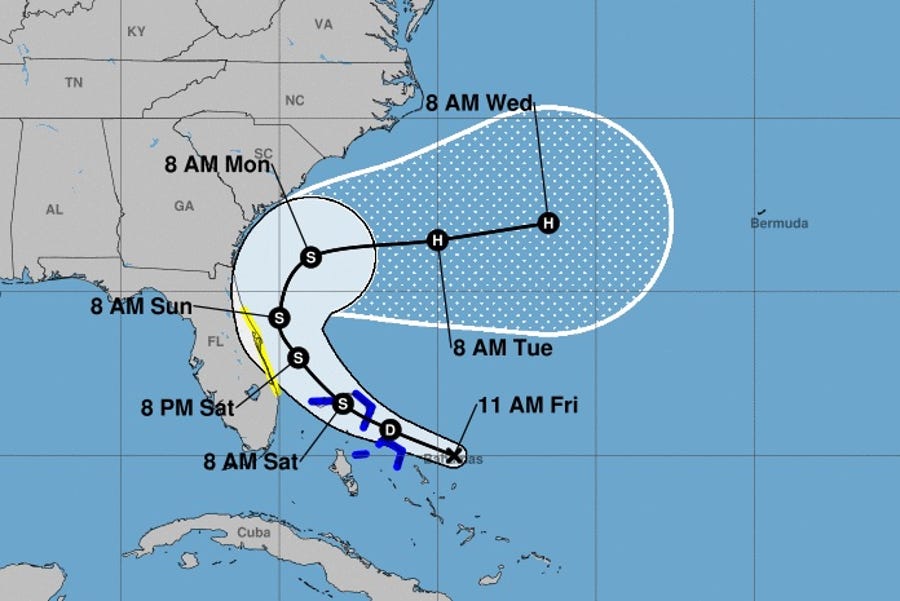 The forecast track of what's predicted to become Tropical Storm Humberto.