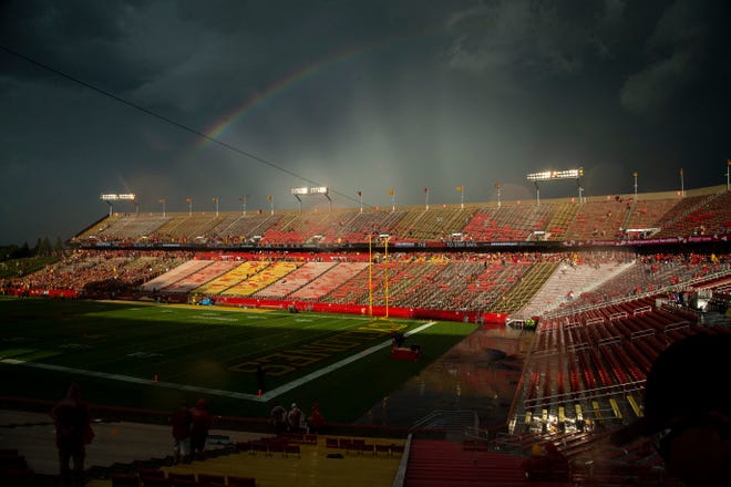 A rainbow lights up the sky during a lightning delay at the Cy-Hawk football game at Jack Trice Stadium on Saturday, Sept. 14, 2019, in Ames. With the Big Ten playing only conference games for the college football 2020 season, the rivalry game between the Hawkeyes and the Cyclones will not happen.