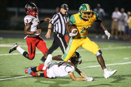 Floyd Central's Wenkers Wright ran down the field for another score as he had 350 yards with five TDs as the Highlanders romped over 50-14 visiting New Albany Friday, Sept. 13, 2019.