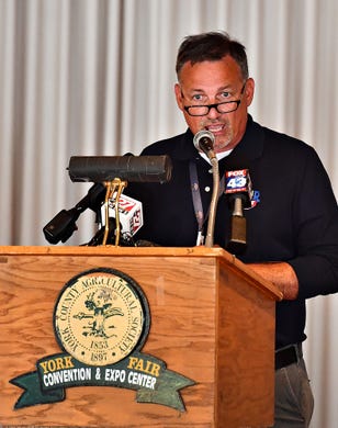 Bryan Blair, CEO for York Fair and York Expo Center, addresses the media in West Manchester Township, Saturday, Sept. 14, 2019. One man fell from the Giant Wheel ride and another person was injured Friday night. Dawn J. Sagert photo