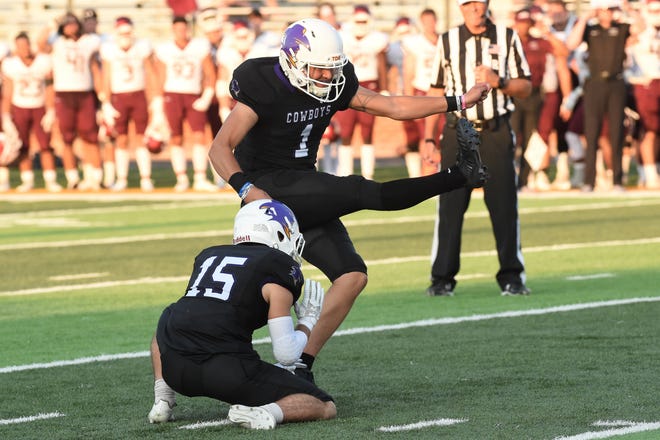 HSU kicker Jamie Pogue (1) delivers one of his three field goals against Trinity at Shelton Stadium on Sept. 14. The Cowboys pulled out a 16-10 win.